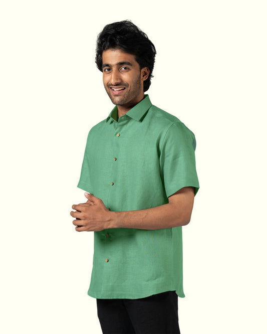 PURE LINEN AQUA GREEN HALF SLEEVE SHIRT