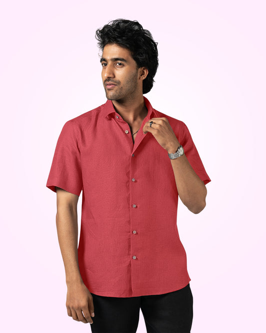 ORANGE RED PURE LINEN HALF SLEEVE SHIRT