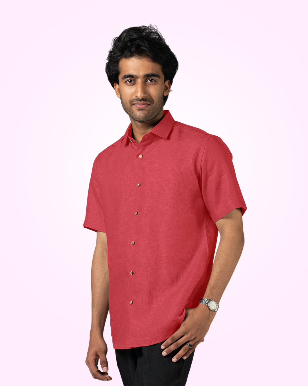 ORANGE RED PURE LINEN HALF SLEEVE SHIRT