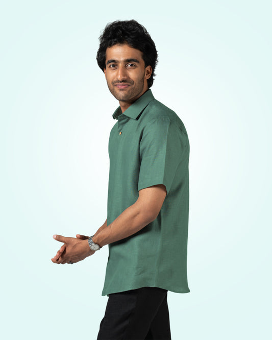 WARM SAGE GREEN PURE LINEN HALF SLEEVE SHIRT