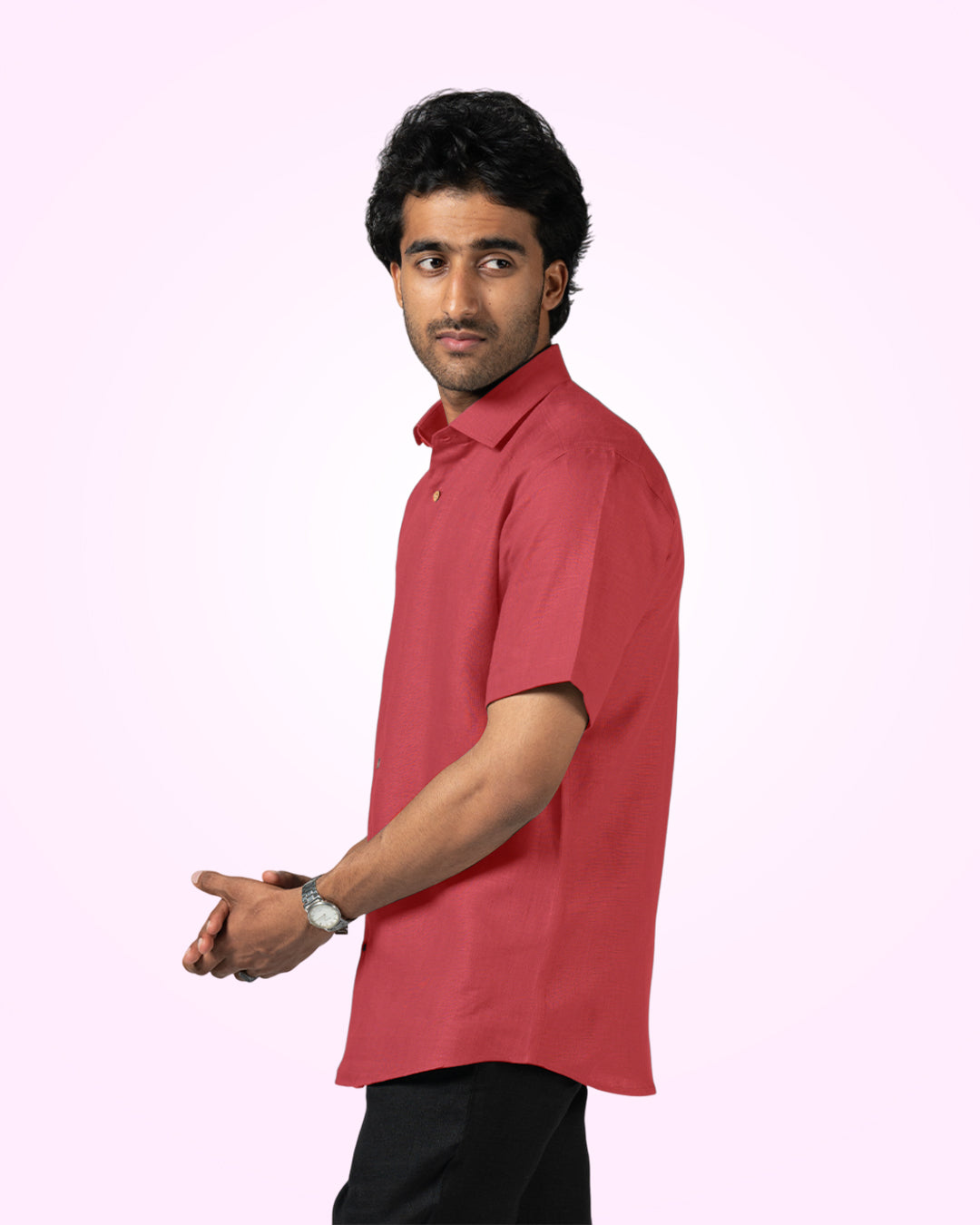 ORANGE RED PURE LINEN HALF SLEEVE SHIRT